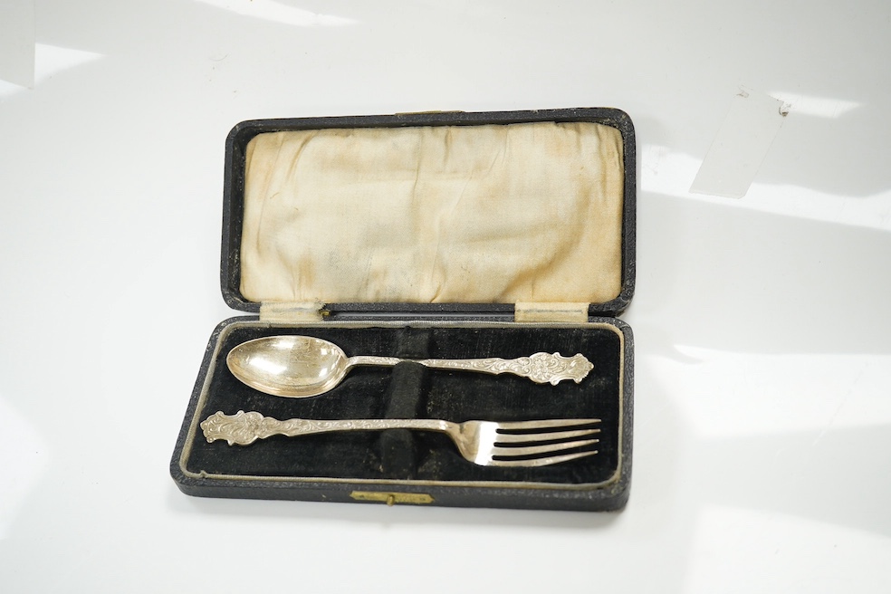 A group of assorted small silverwares including a Victorian toilet jar, a set of six teaspoons and a cased fork and spoon christening set, 8.5 oz of weighable silver, and a cased knife, spoon and fork christening set wit